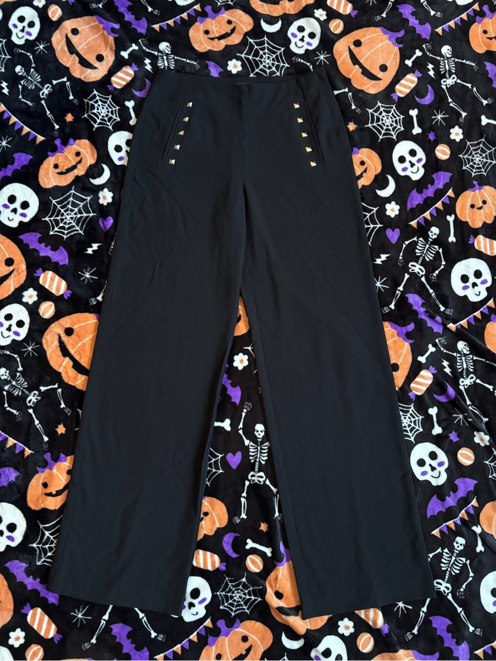 Black Wide-Leg Women's Pants with Gold Studs